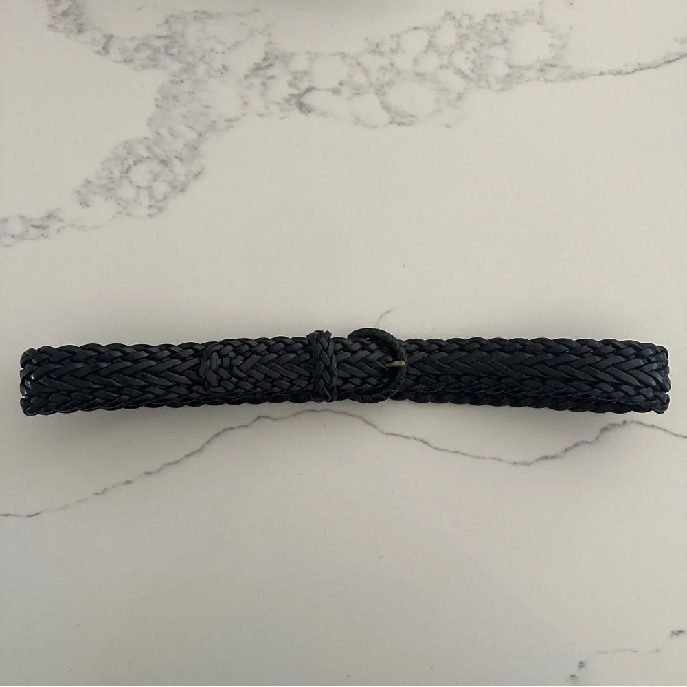 Vintage Cole Haan Braided Leather Belt with Round Covered Buckle Black 28 / S